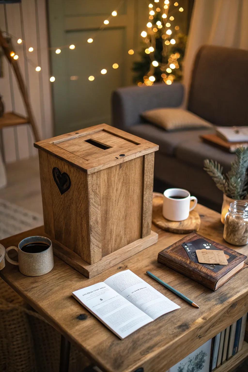 A rustic wooden suggestion box adding charm to a cozy space.