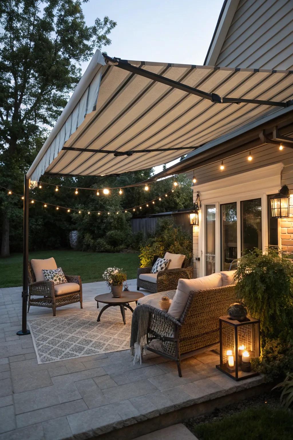 A retractable awning provides flexible shade and comfort.