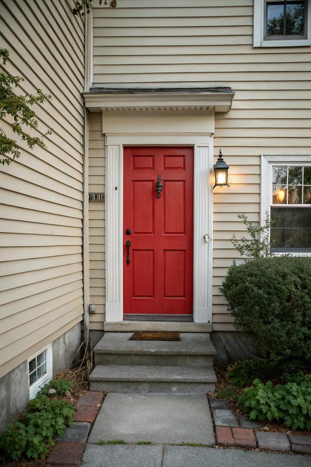 A vibrant red door brings life to this small entrance.