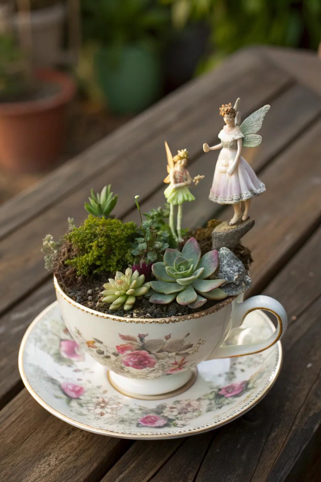 A whimsical fairy garden nestled in a charming teacup.