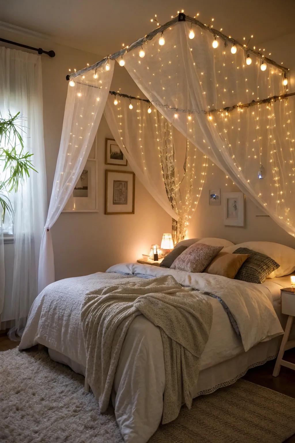 A bedroom transformed into a magical retreat with a fairy light canopy.