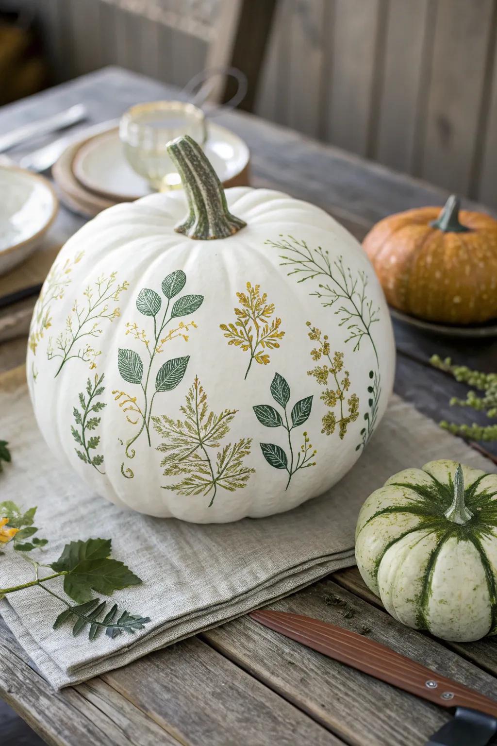 Botanical stencil designs add a touch of nature to your pumpkin decor.