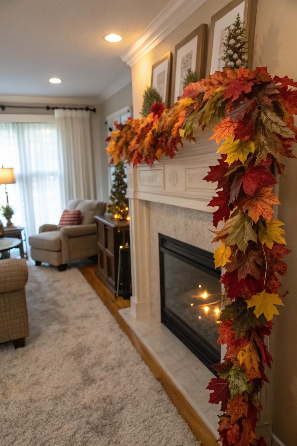 A vibrant leaf garland adds warmth to this cozy living room.