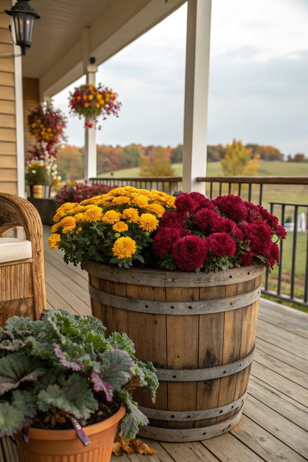 Rustic barrel planters bring a cozy countryside feel to your entryway.