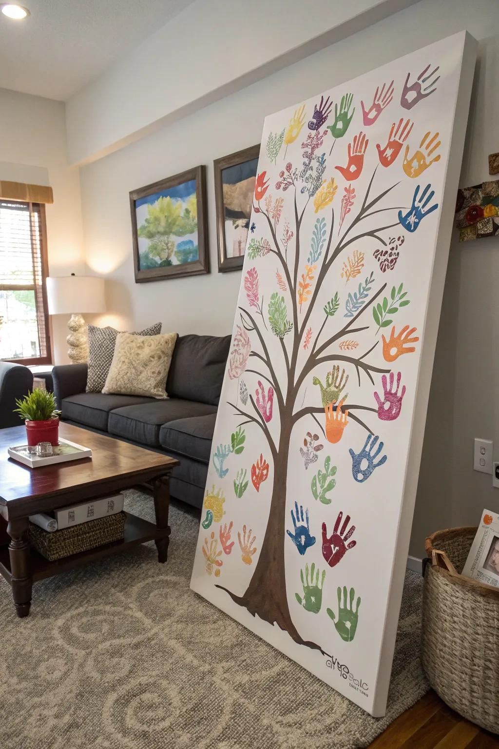 A vibrant family handprint tree symbolizing growth and connection.