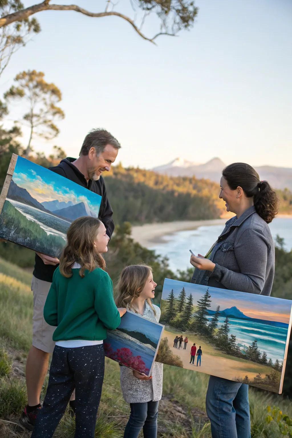 Family members painting their favorite nature scenes.