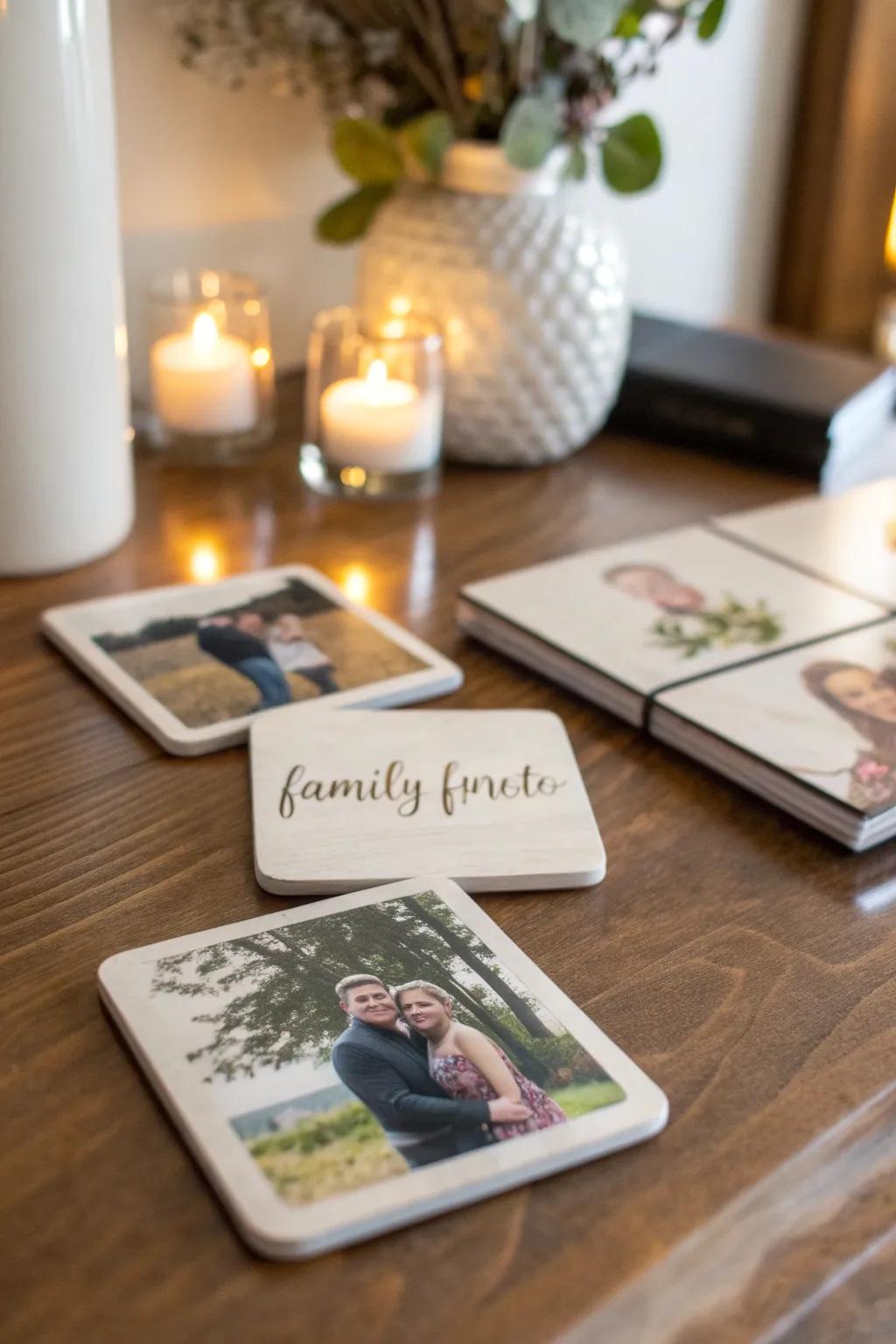 Personalized photo coasters make a memorable family reunion favor.