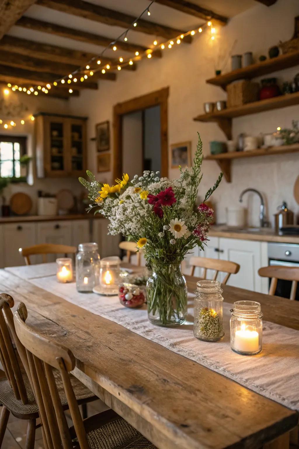 Mason jars filled with wildflowers and fairy lights create a magical farmhouse centerpiece.