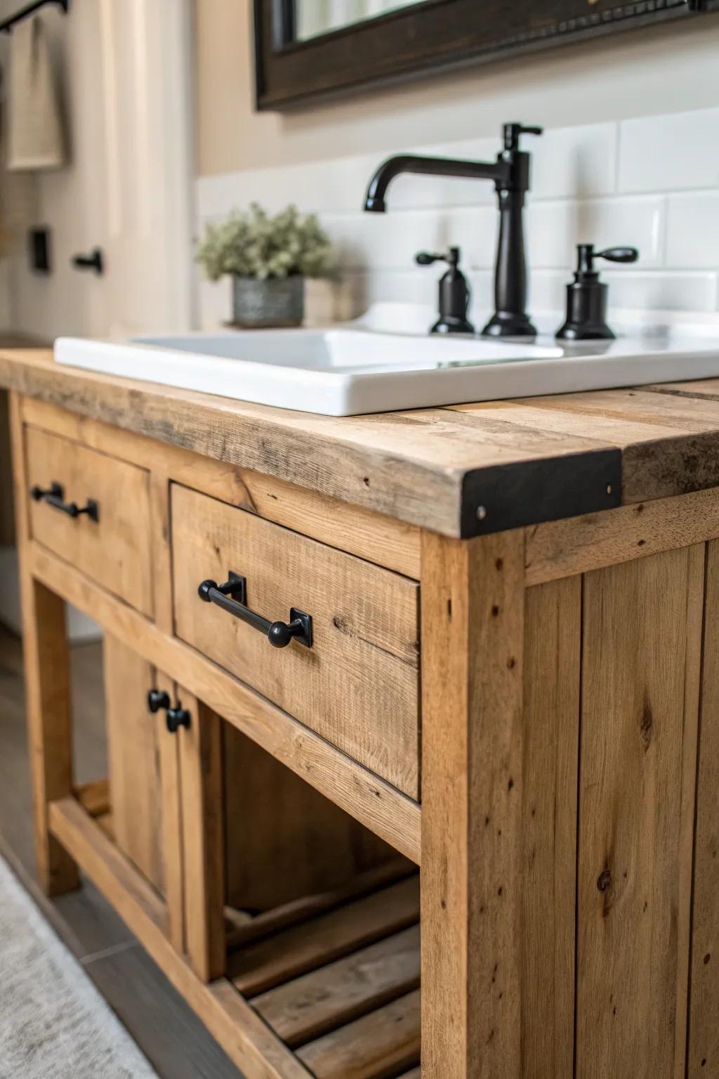 A farmhouse bathroom vanity crafted from reclaimed wood, accented with black fixtures.