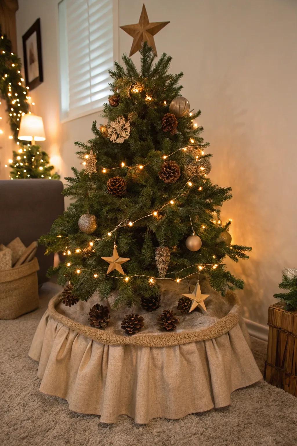 Christmas tree with a rustic burlap skirt and natural ornaments.