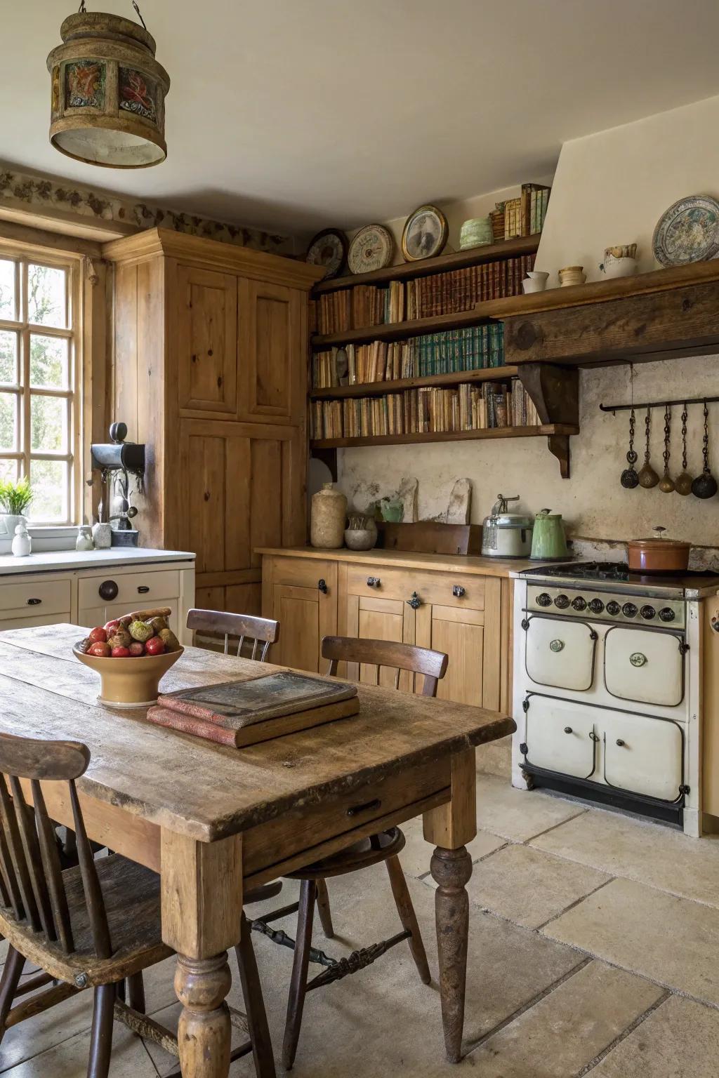 Farmhouse kitchen featuring natural wood cabinets and vintage accents.