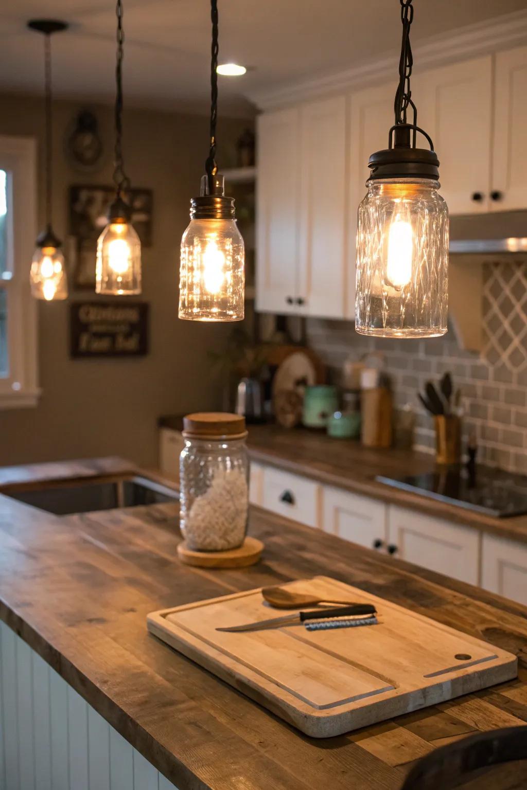 Rustic mason jar pendant lights add a charming touch to this kitchen.