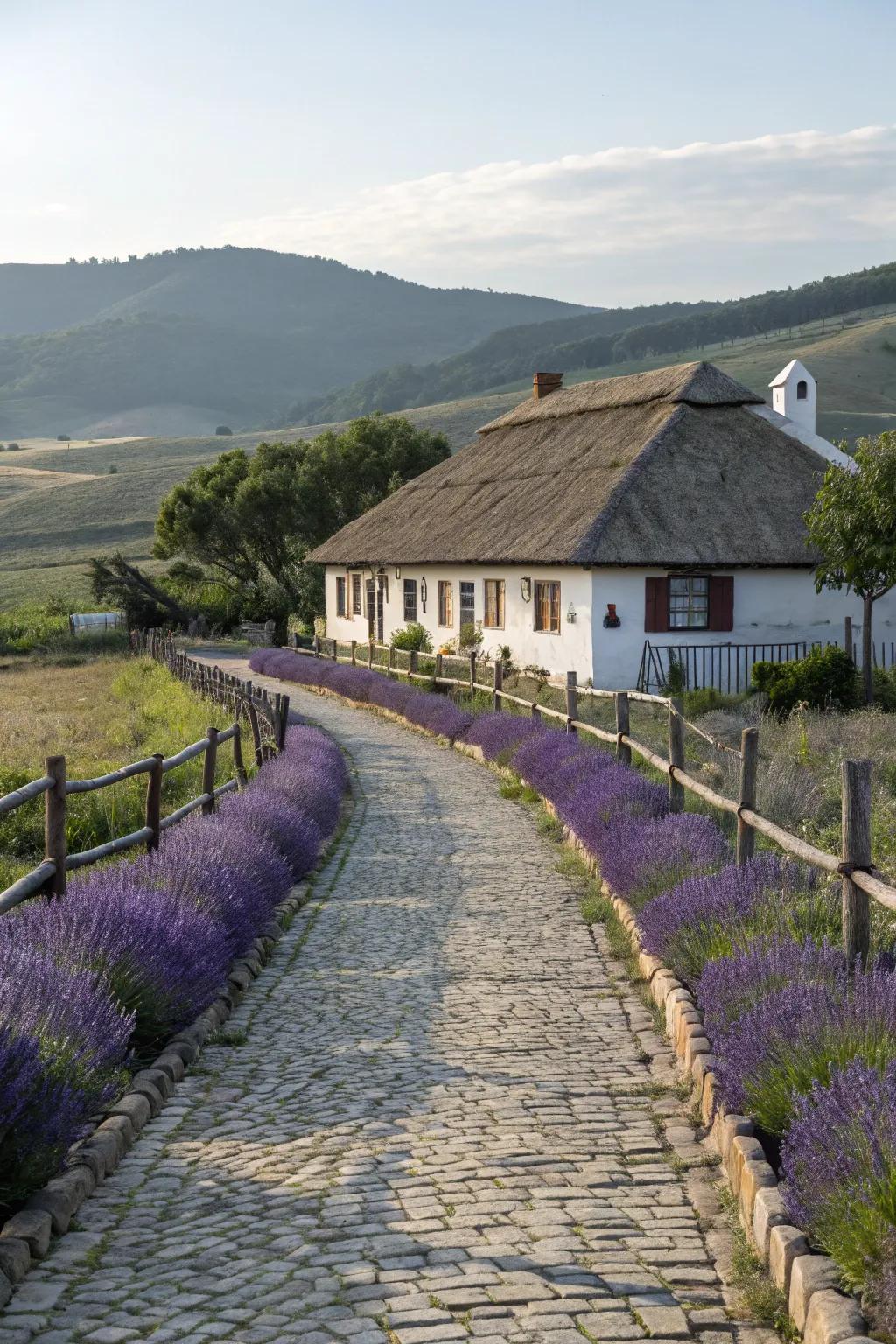 A cobblestone path adds timeless charm to this farmhouse entrance.