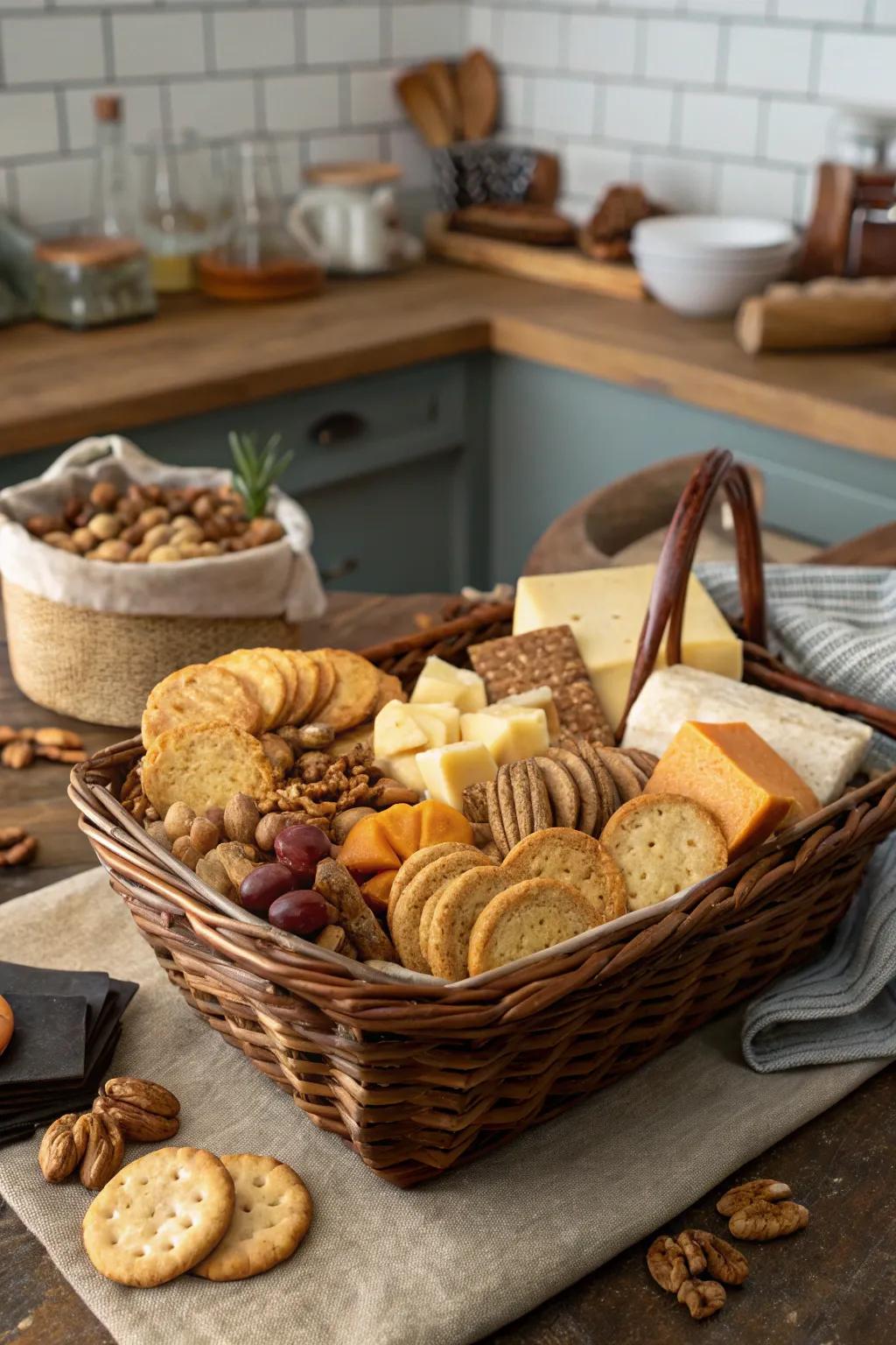 A gourmet snack basket offers a variety of flavors and textures.