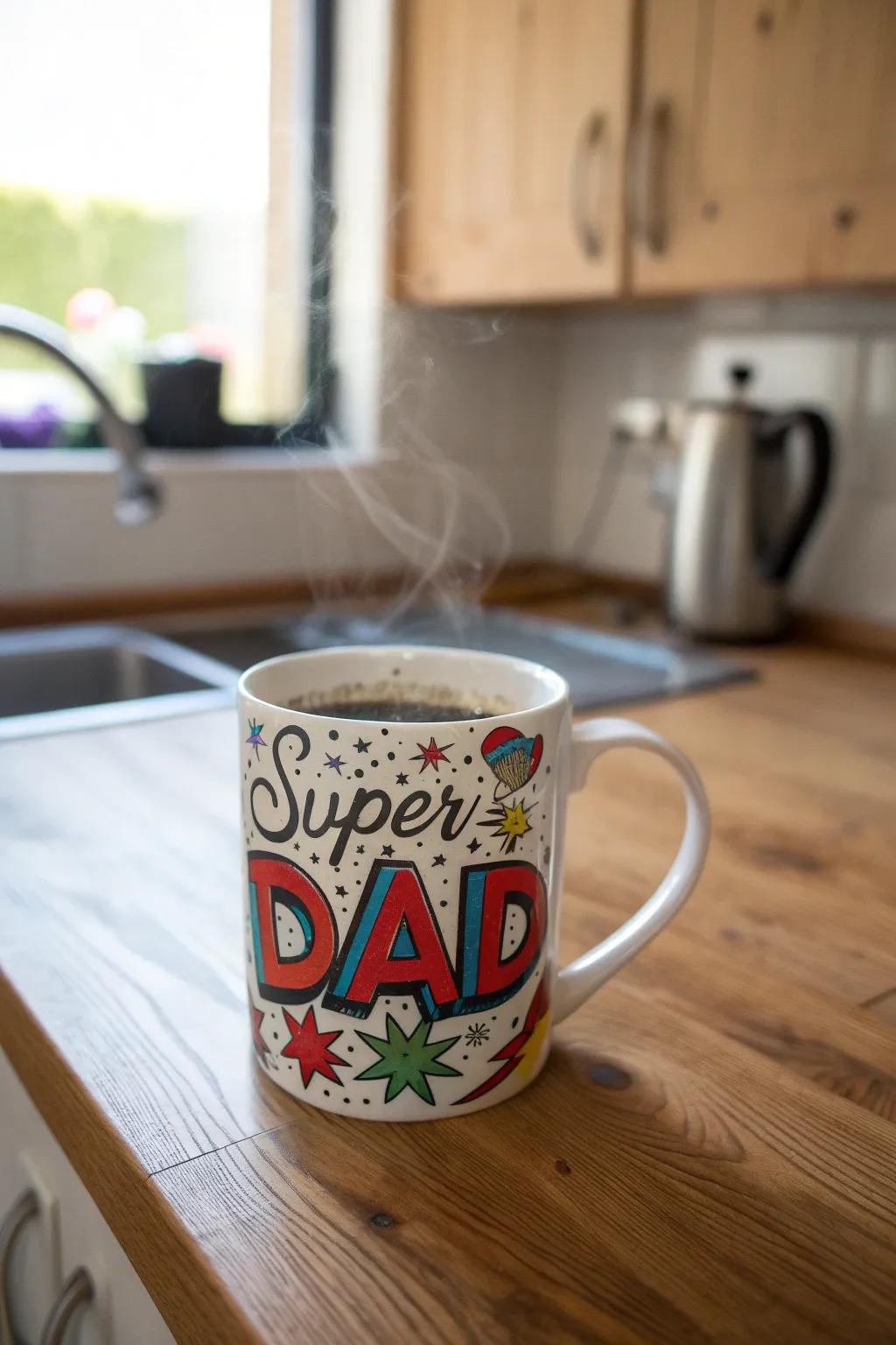 A personalized superhero mug makes a heartfelt gift for Father's Day.