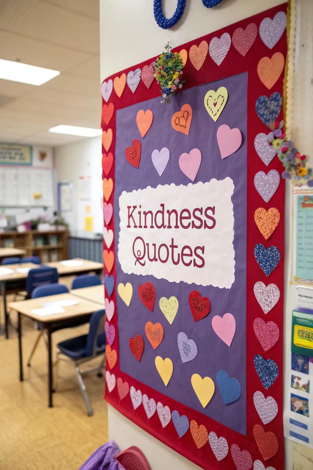 A bulletin board filled with paper hearts and kind messages from preschoolers.