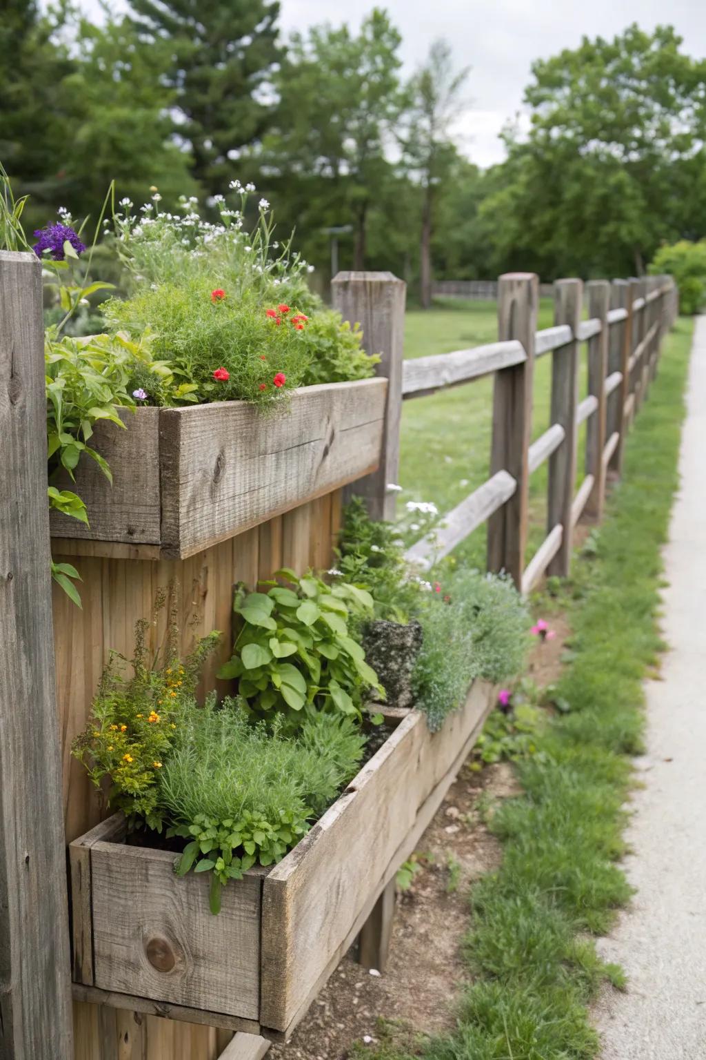 Wooden planter boxes bring a rustic charm to your fence.