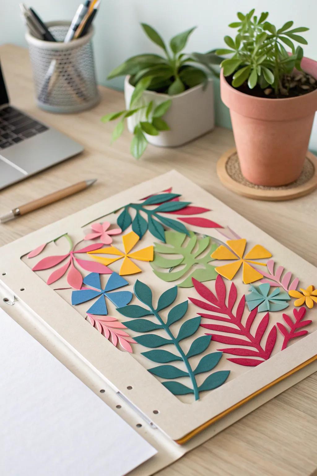 Elevate your workspace with handcrafted paper cut-outs, adding a touch of vibrant artistry to your files. 🌿✂️ #MinimalistBoho #CraftedWithLove