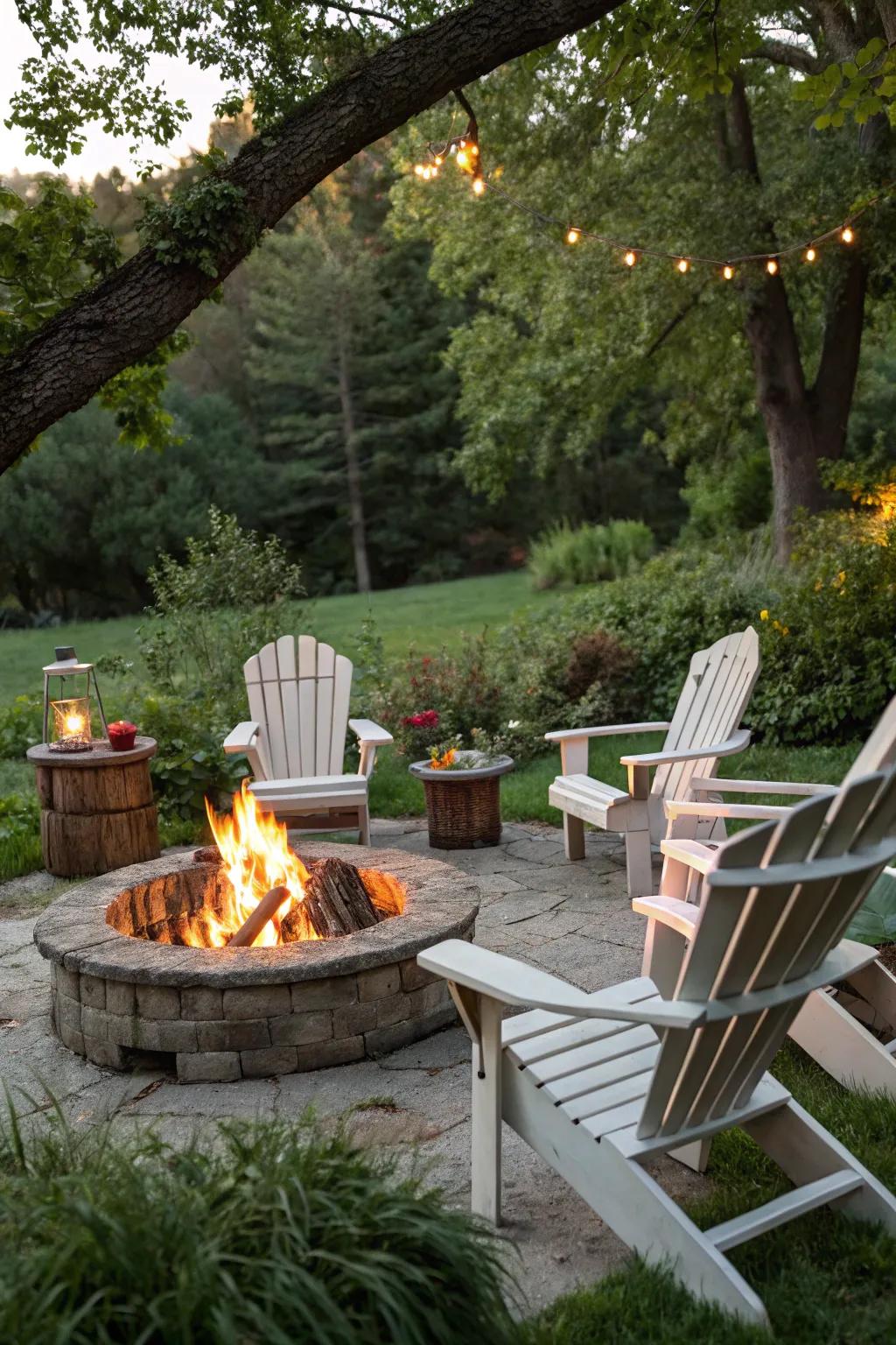 Classic Adirondack chairs add charm and comfort to any fire pit setting.