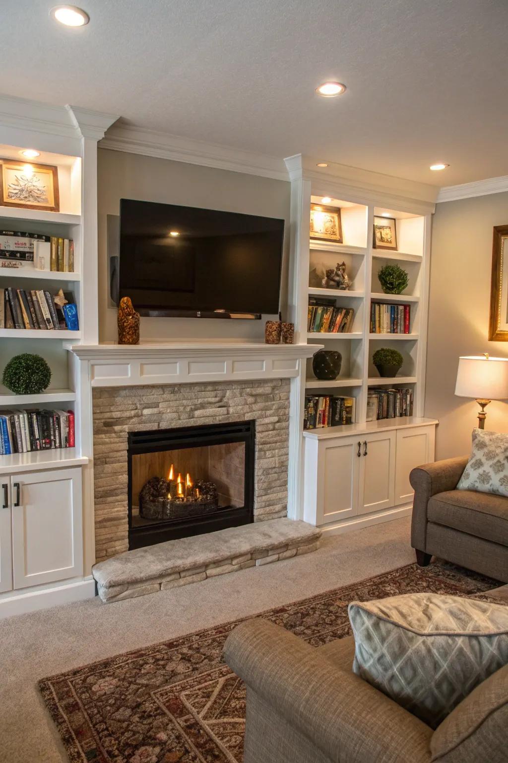 Symmetrical built-ins create balance around the TV.