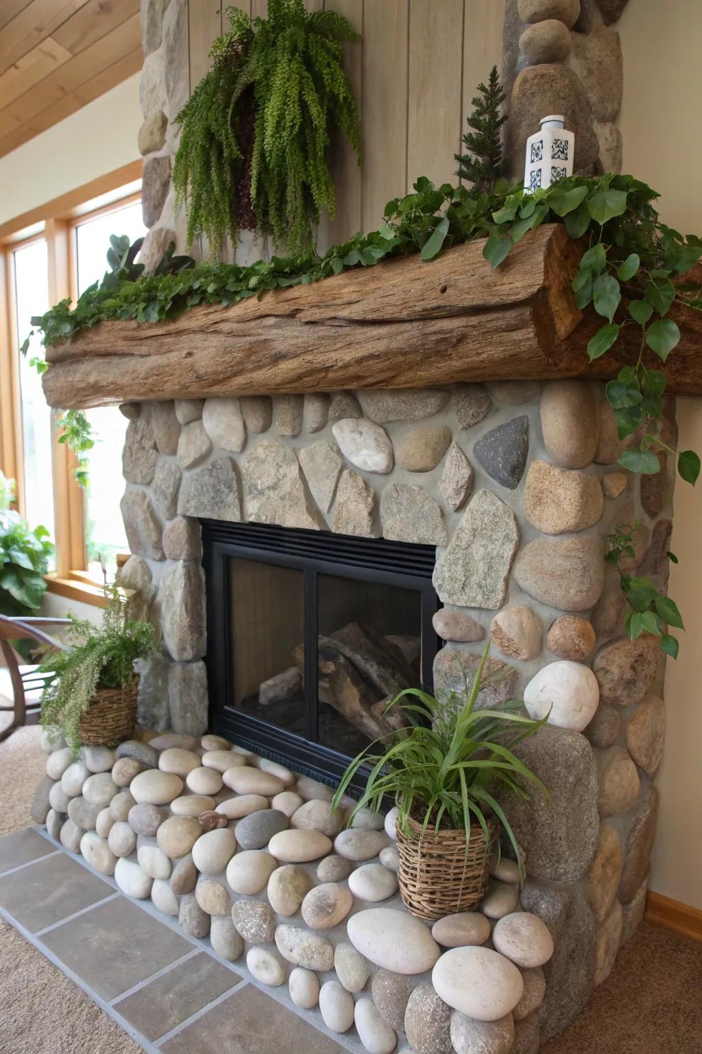 Natural elements like stones and driftwood enhance this fireplace decor.