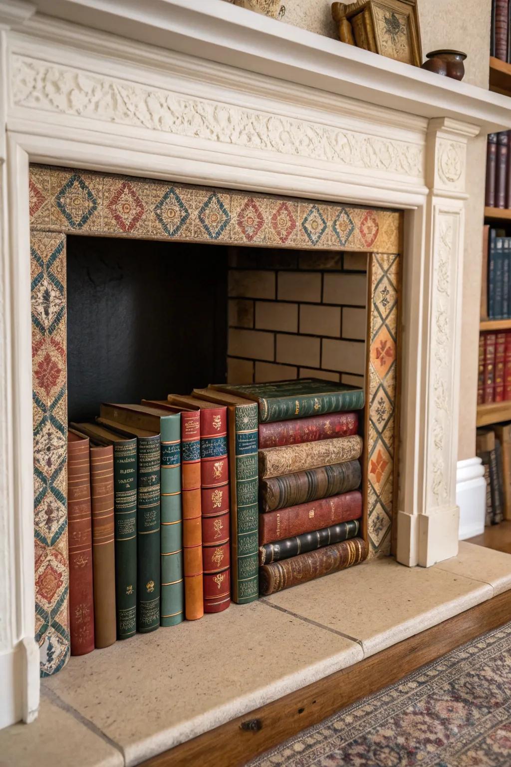 Create a cozy reading nook by filling your fireplace with books.