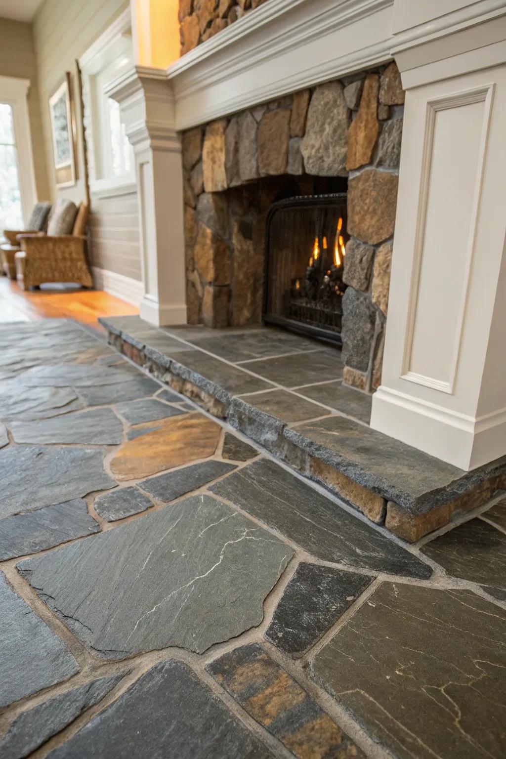 Slate flooring adds a touch of natural elegance to any fireplace.