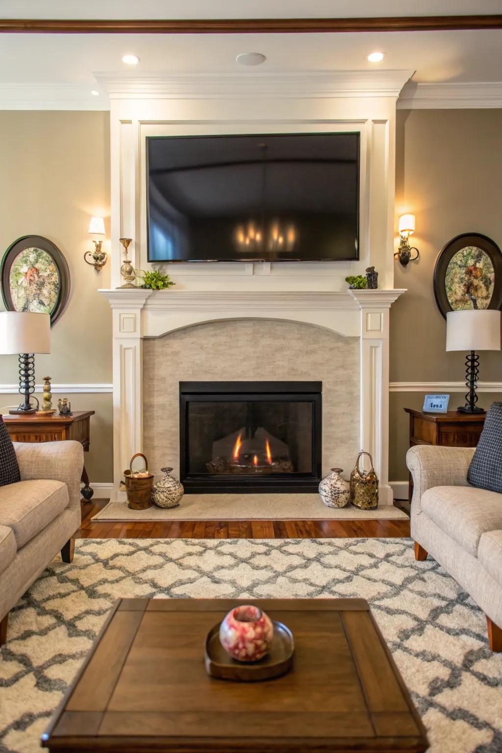 A balanced living room with a harmoniously placed fireplace and TV.