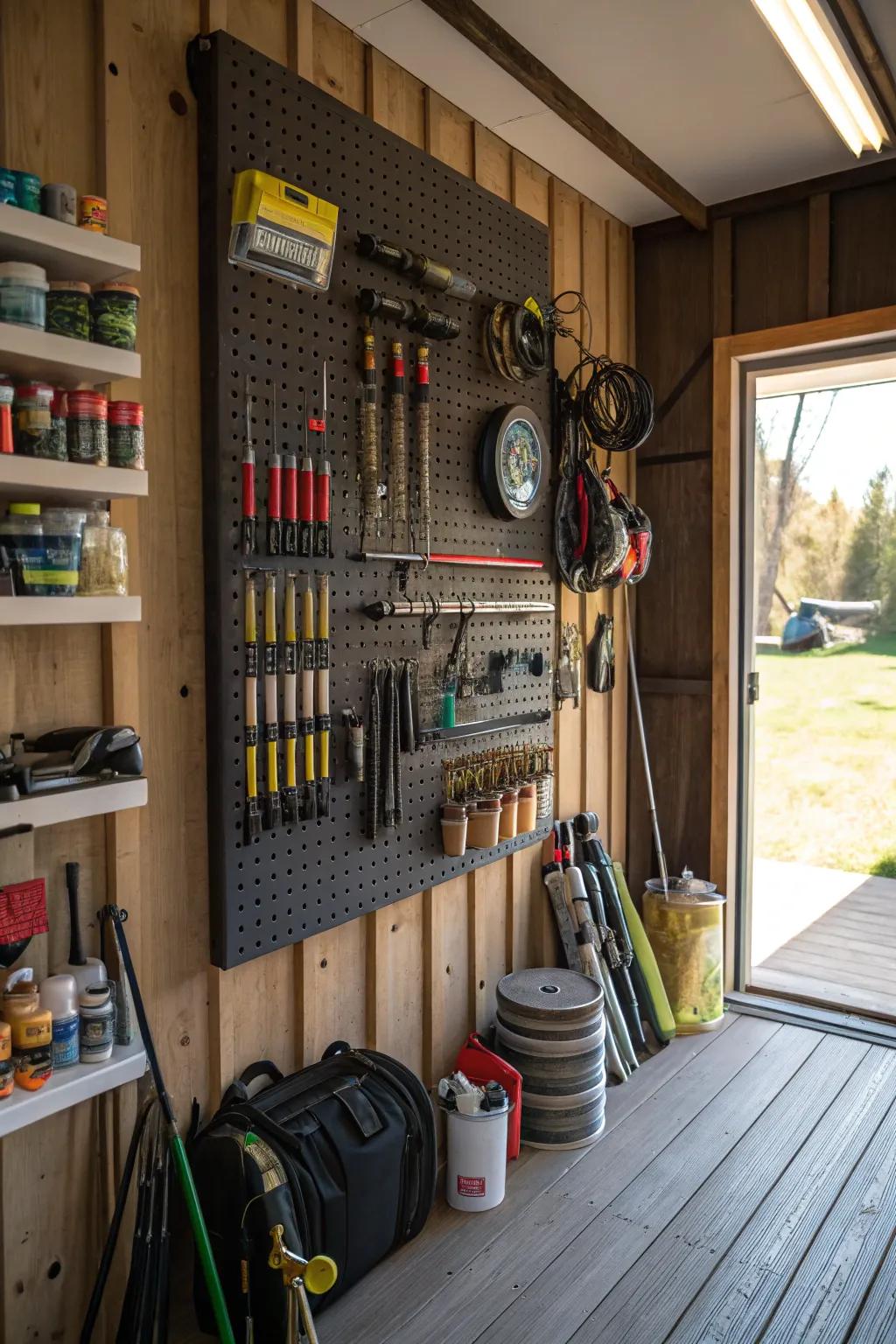 A pegboard tackle wall keeps fishing gear effortlessly organized and visible.