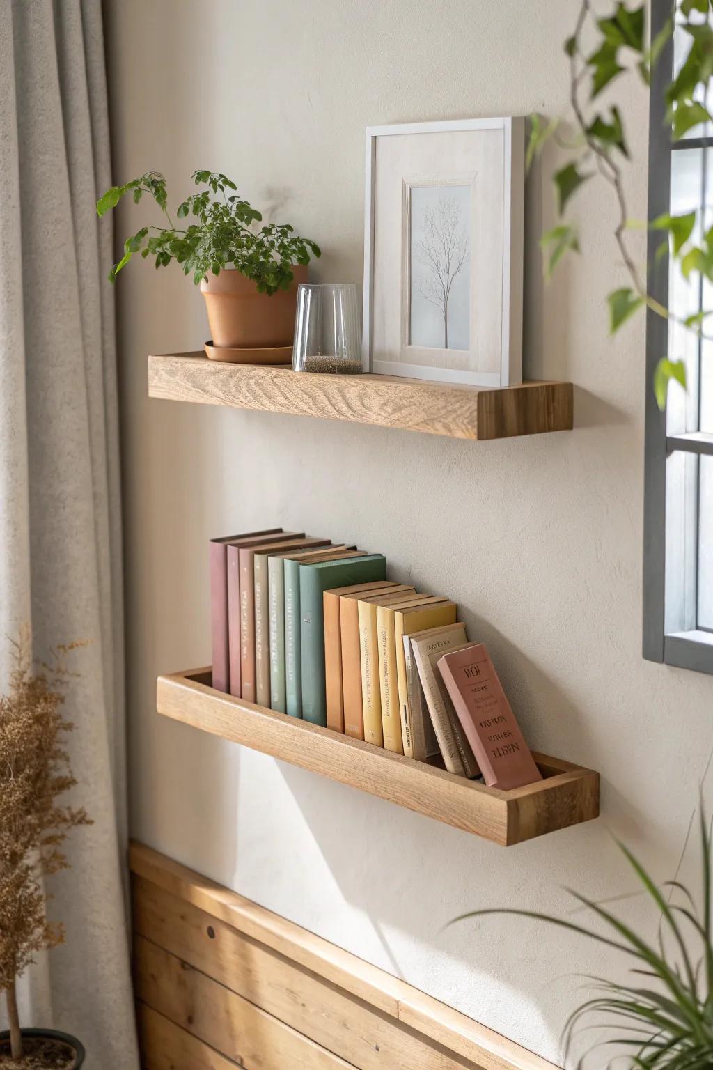 Transform your walls into a living library with minimalist floating shelves.