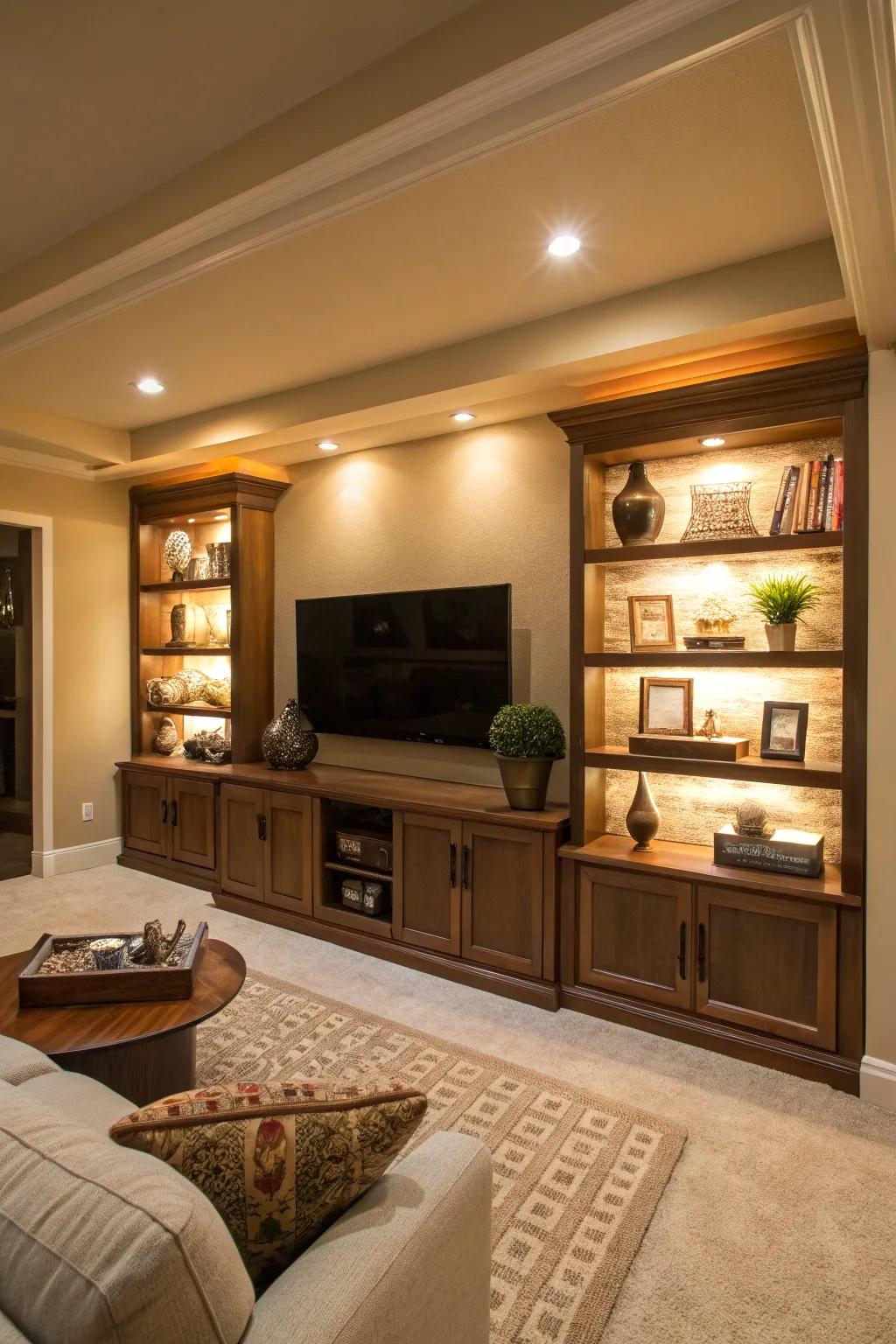 Symmetrical floating shelves frame a TV, adding harmony to the room's design.