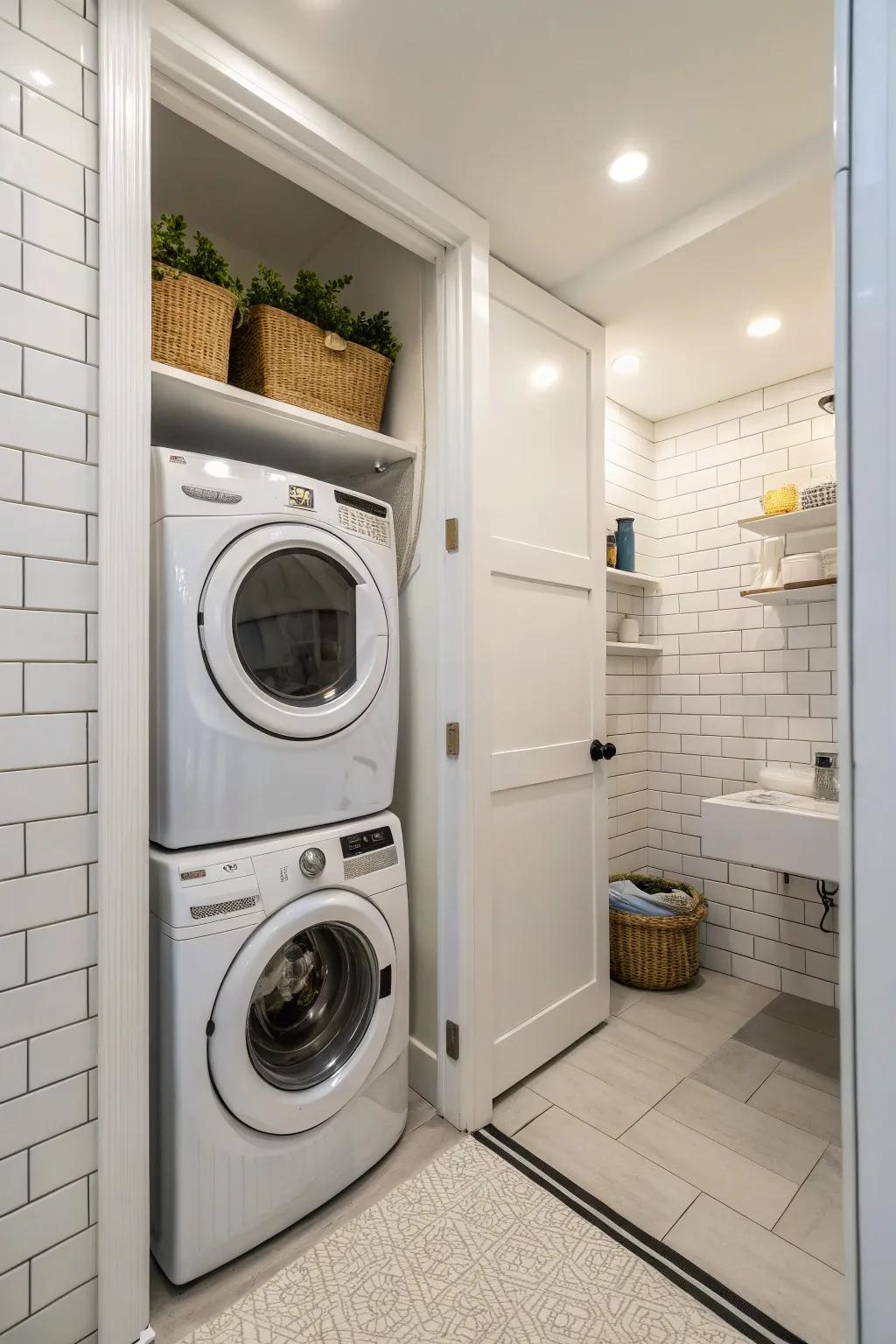 Stacking your washer and dryer can save valuable floor space in a small bathroom.