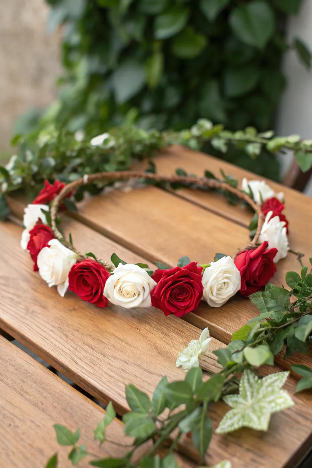 A classic rose flower crown with stunning red and white roses.