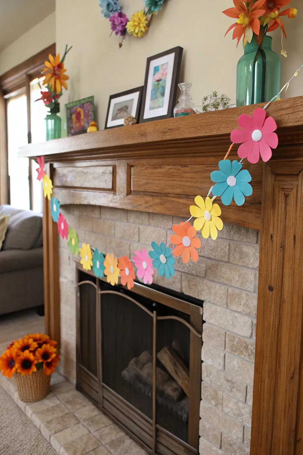 Foam paper flower garland adding a burst of color to a cozy living room.