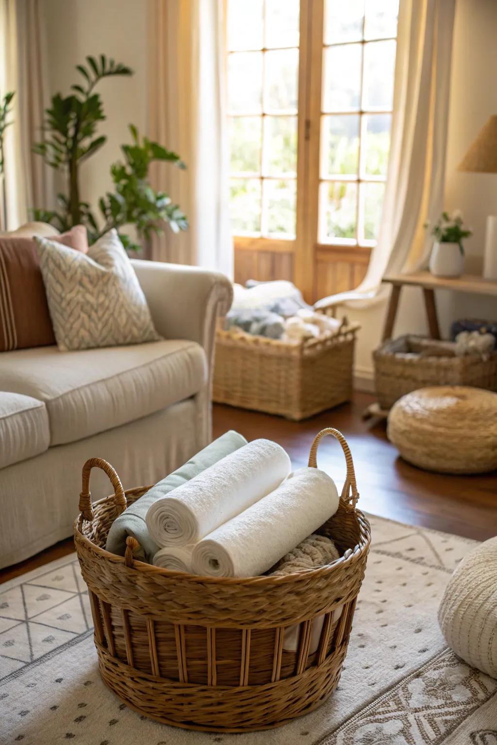 Keep foam rollers stylishly hidden in a woven basket.