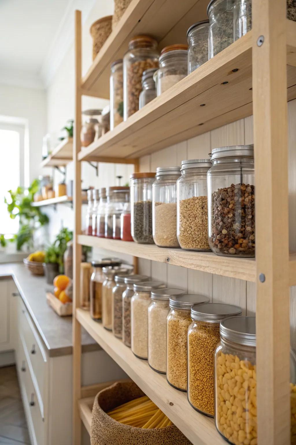 Open shelving with clear jars for easy access and visibility.