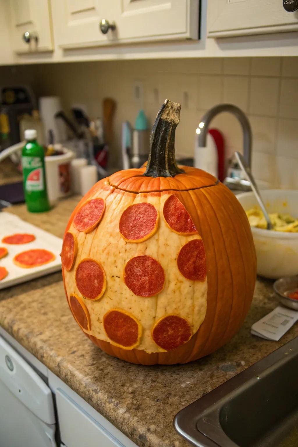 A pizza pumpkin that's sure to be a crowd-pleaser at any gathering.