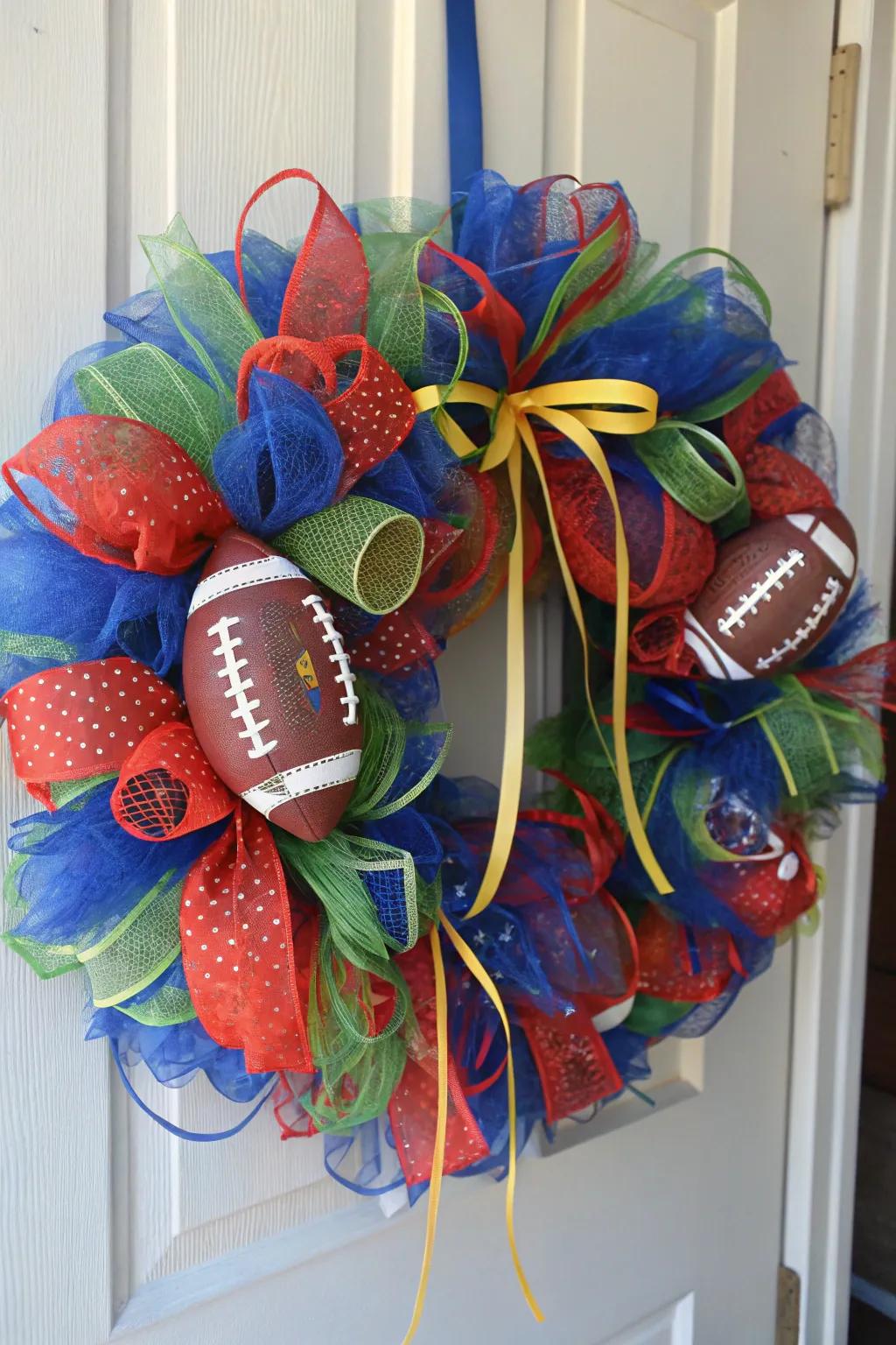 A classic mesh wreath decked out in team colors and football motifs.