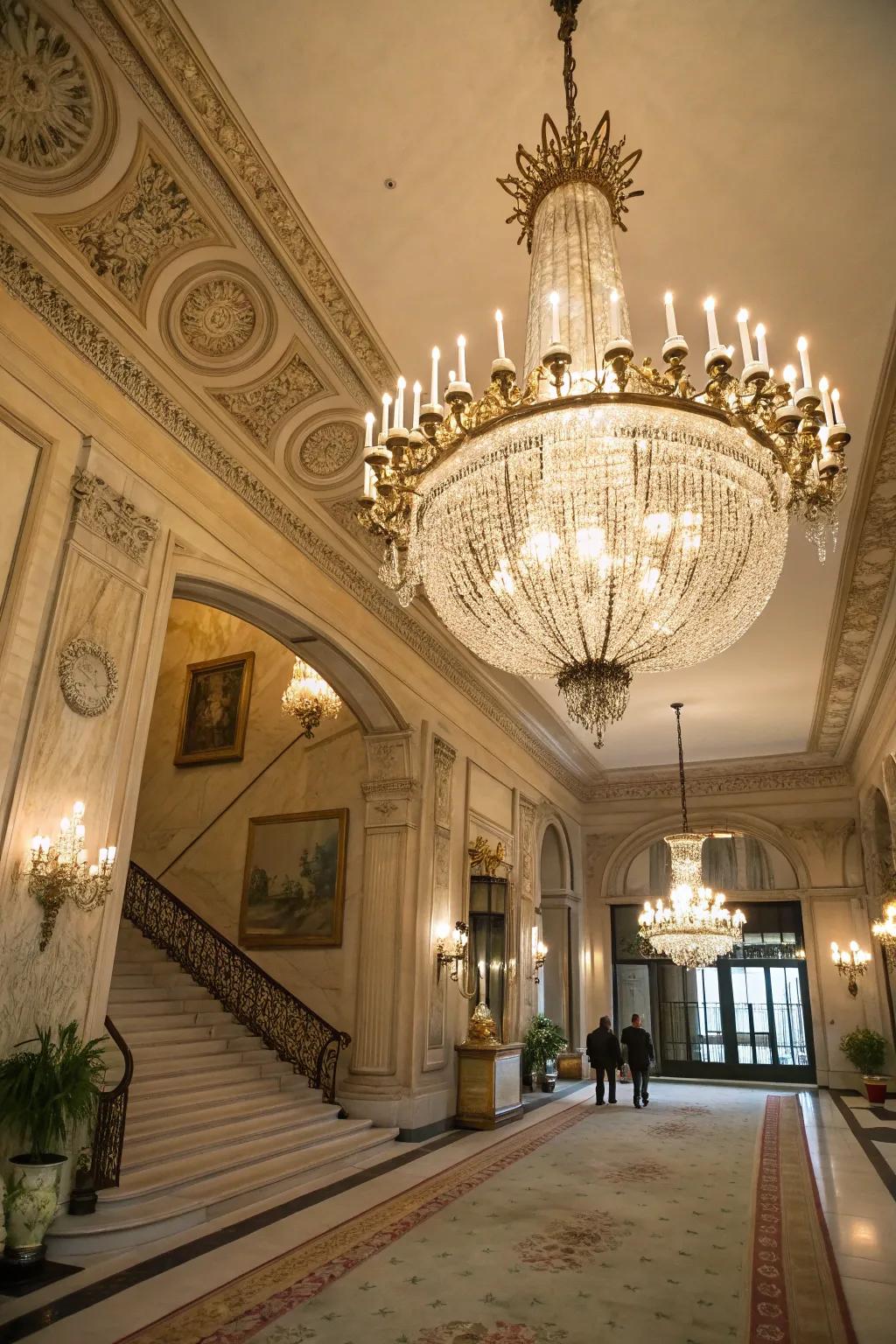 A statement chandelier becomes the focal point in this luxurious foyer.