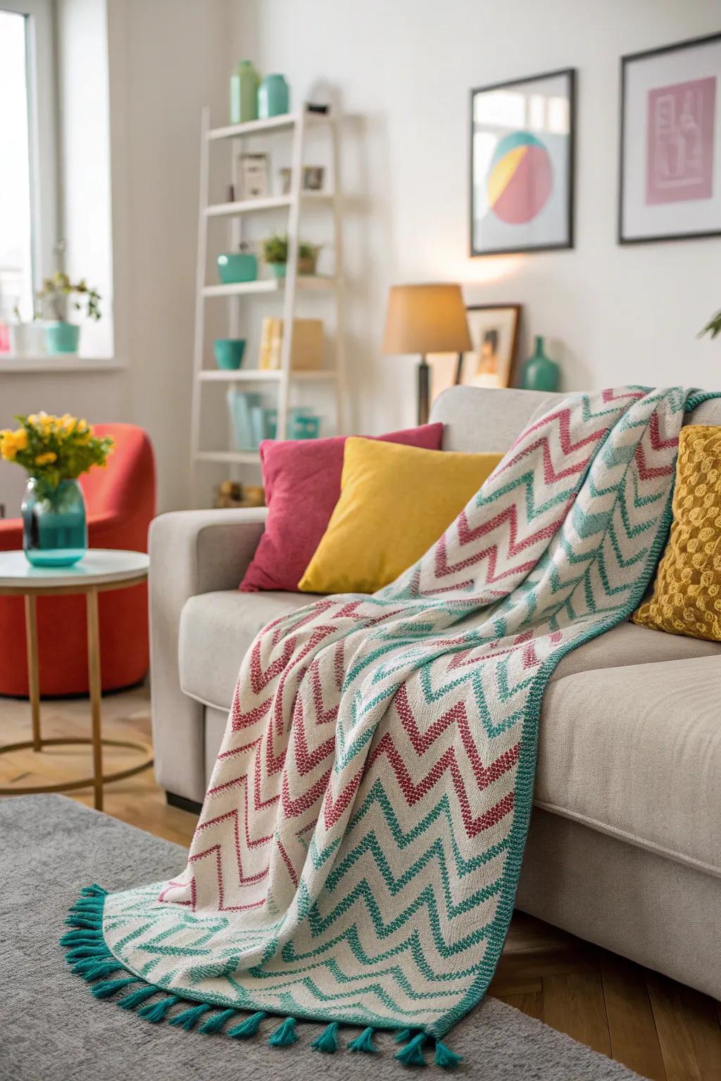 A chevron throw blanket adding a burst of color to a modern living room.