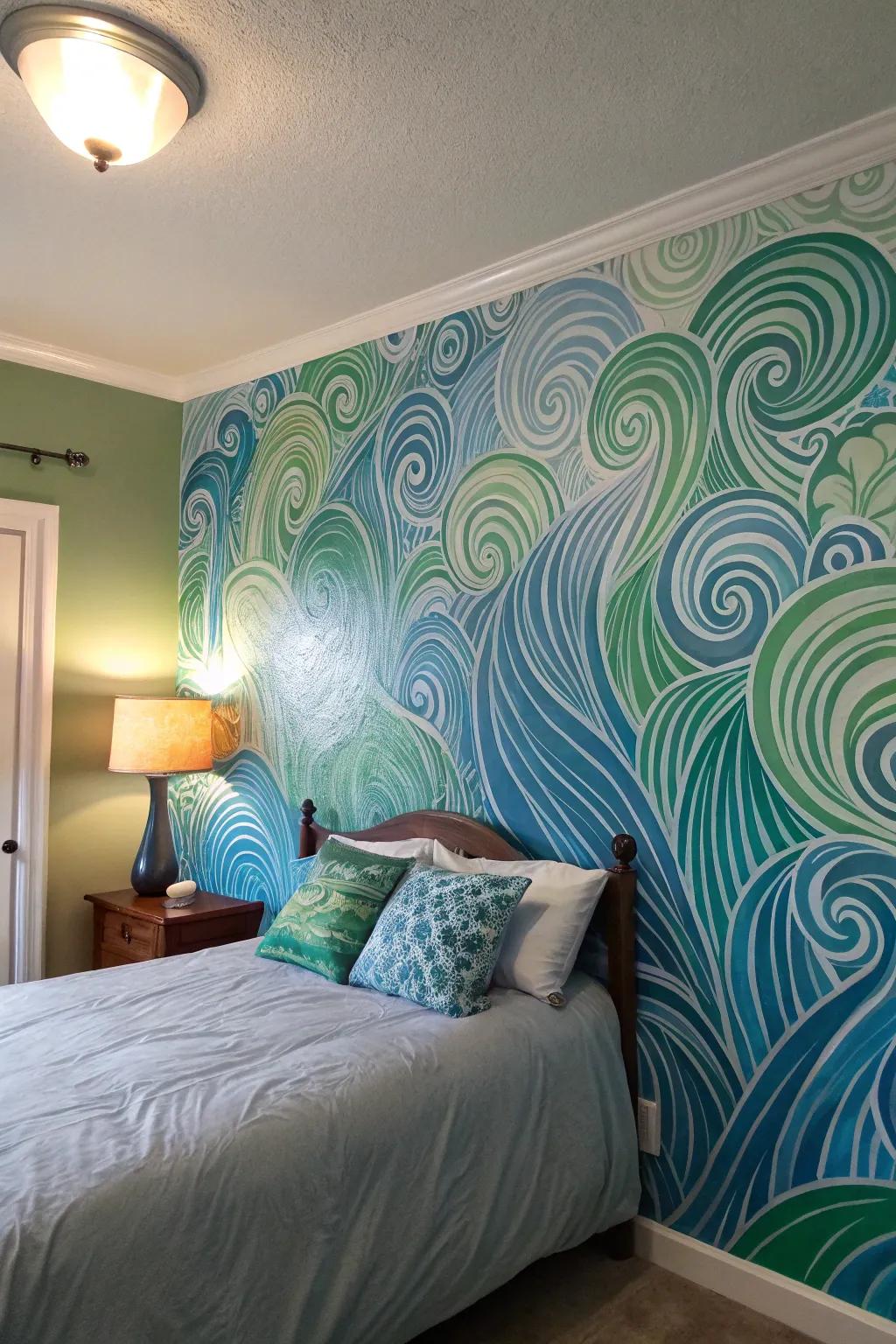 A dreamy ocean-inspired wall with freehand abstract brush strokes.