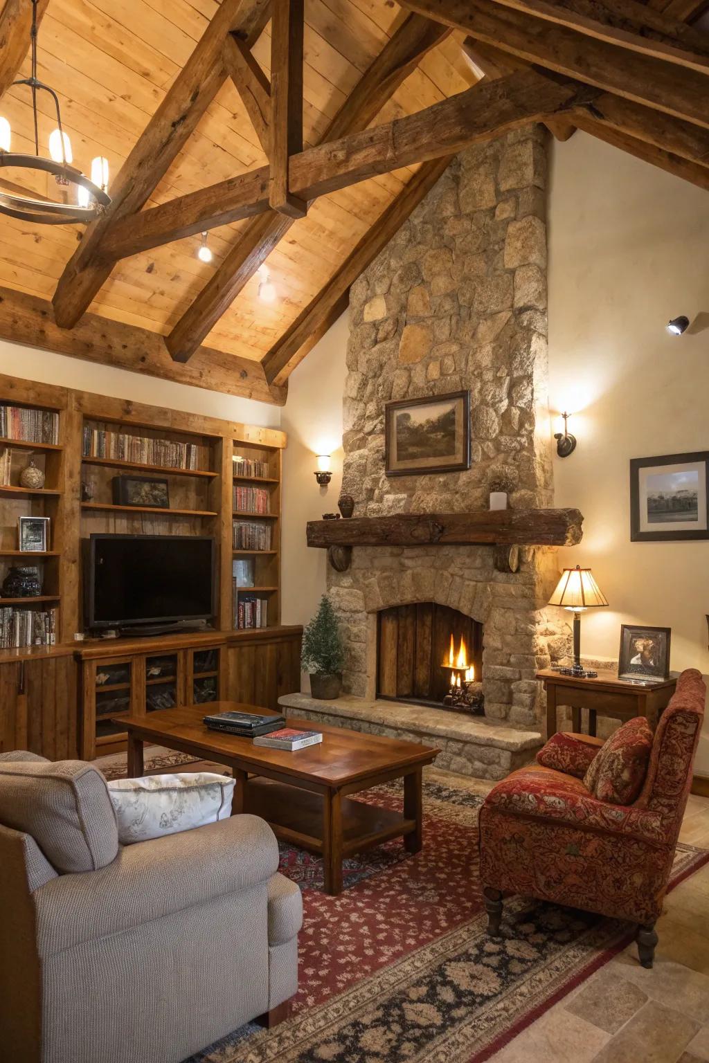 Rustic wood beams add warmth and character to any room.