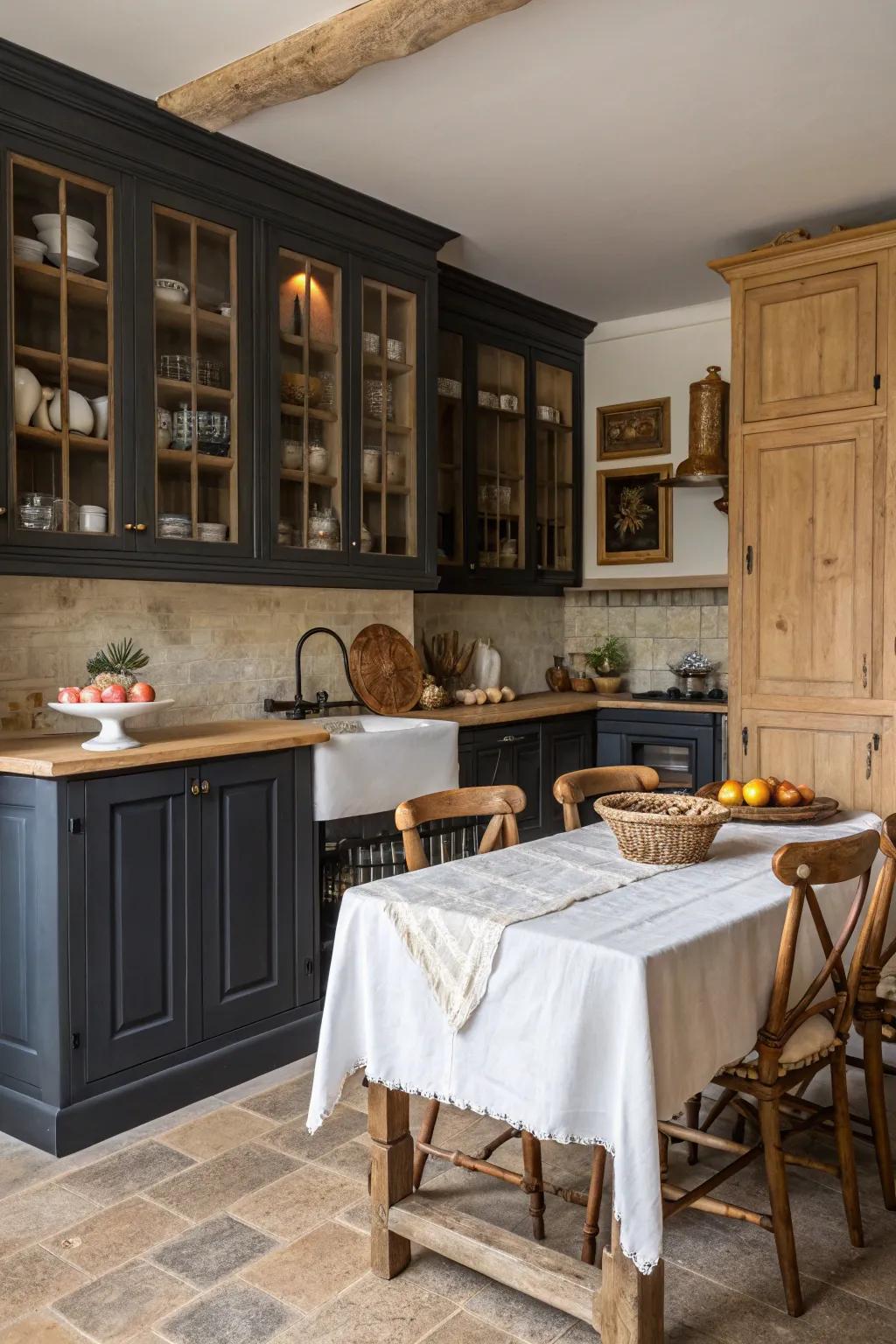 Beautiful contrast of wood tones in a French country kitchen.