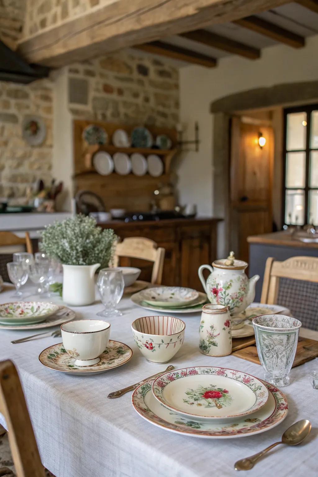 A beautifully eclectic mix of mismatched vintage china creates a charming French table setting.