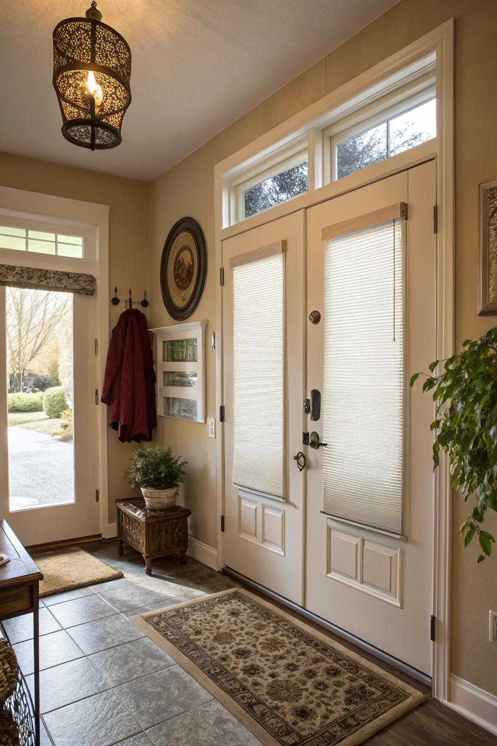 Front door enhanced with soft, insulating cellular shades.