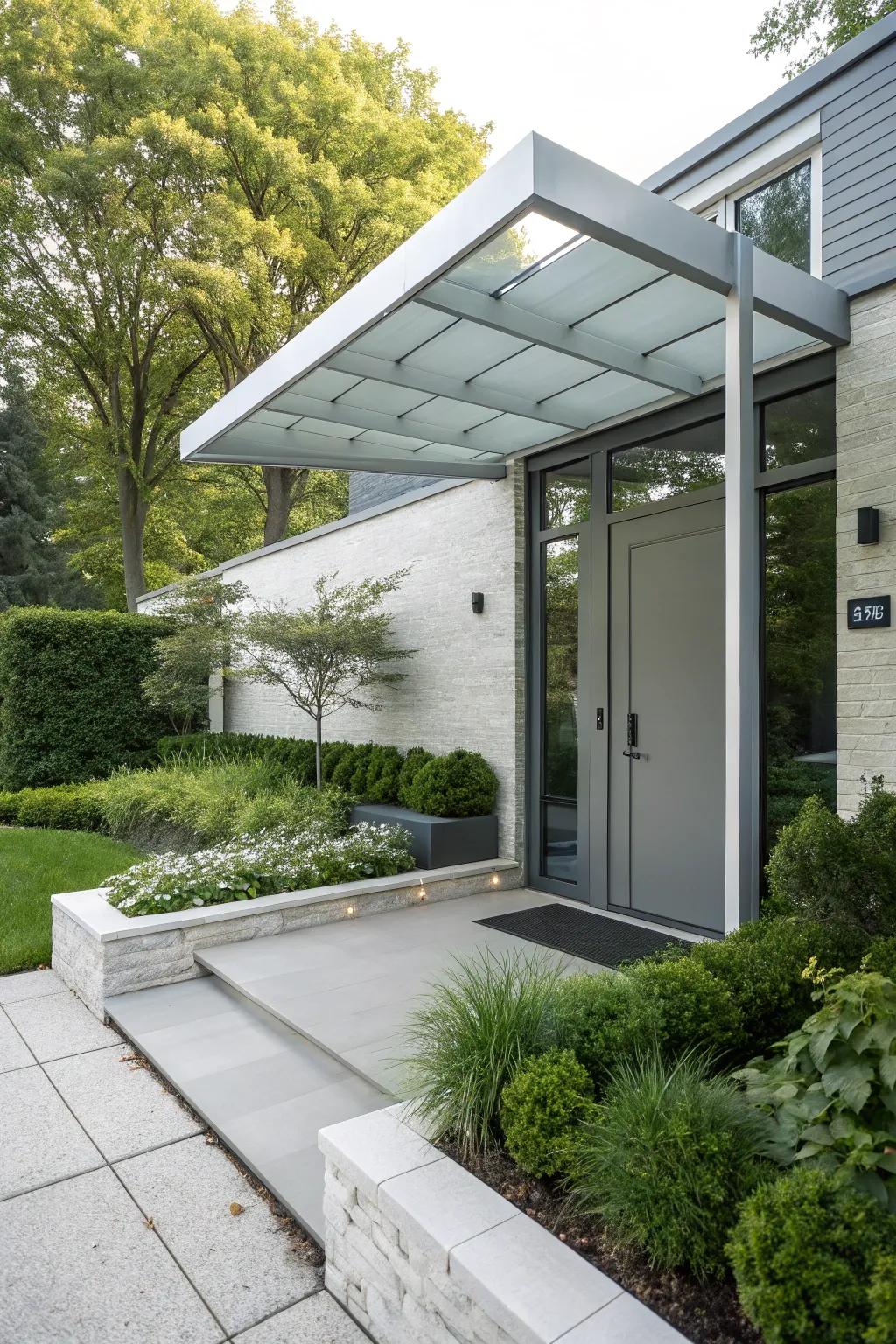 Minimalist aluminum canopy accentuating a contemporary home.