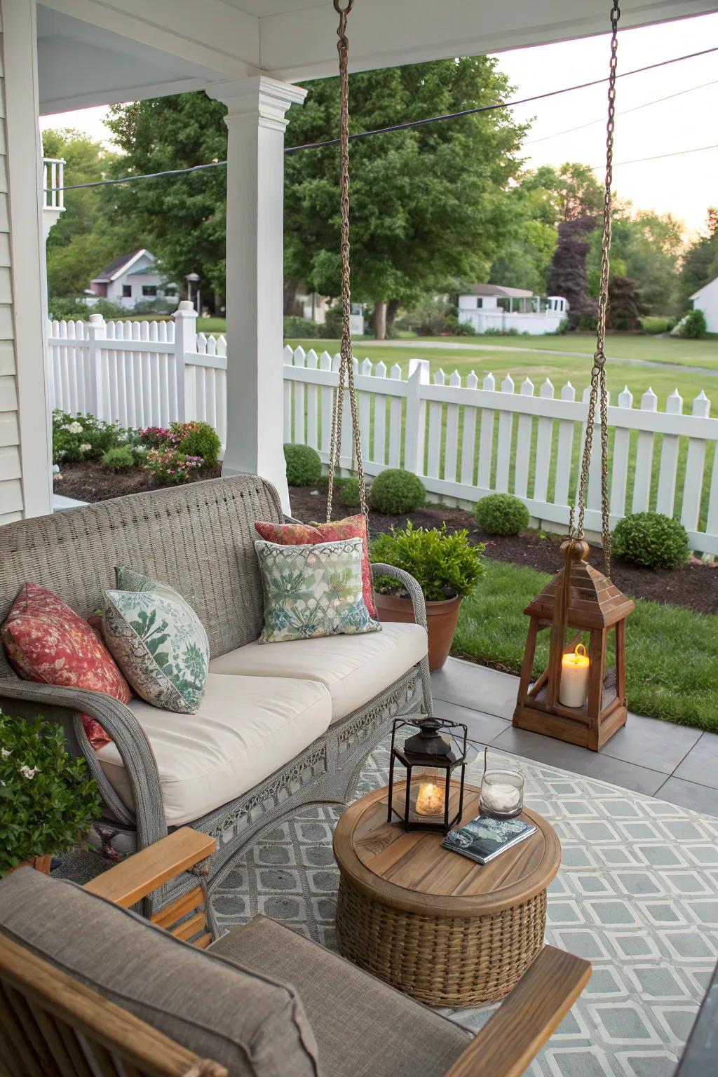 A cozy seating area perfect for relaxation on the front porch.