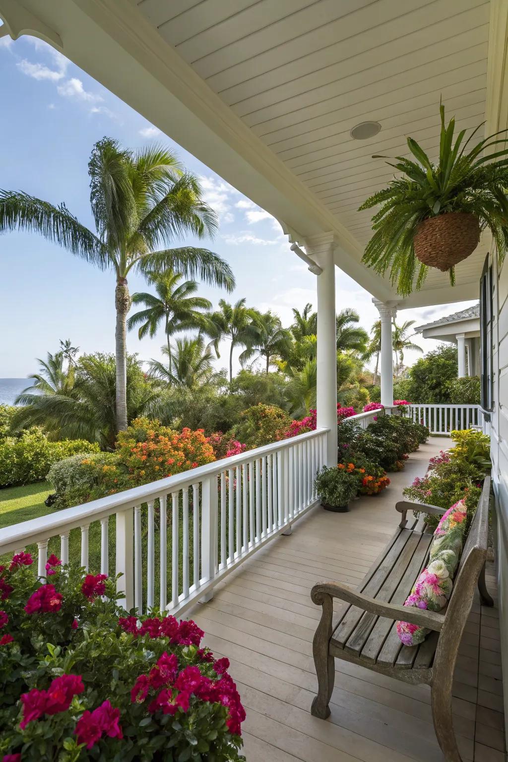 Tropical plants bring life and color to this Florida front porch.