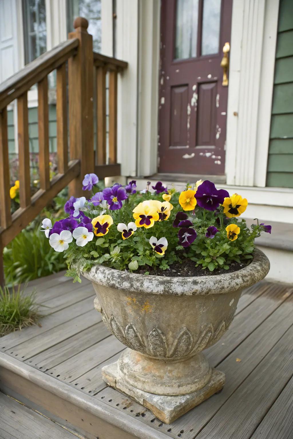 A shallow urn brimming with vibrant pansies adds a pop of color to the porch.