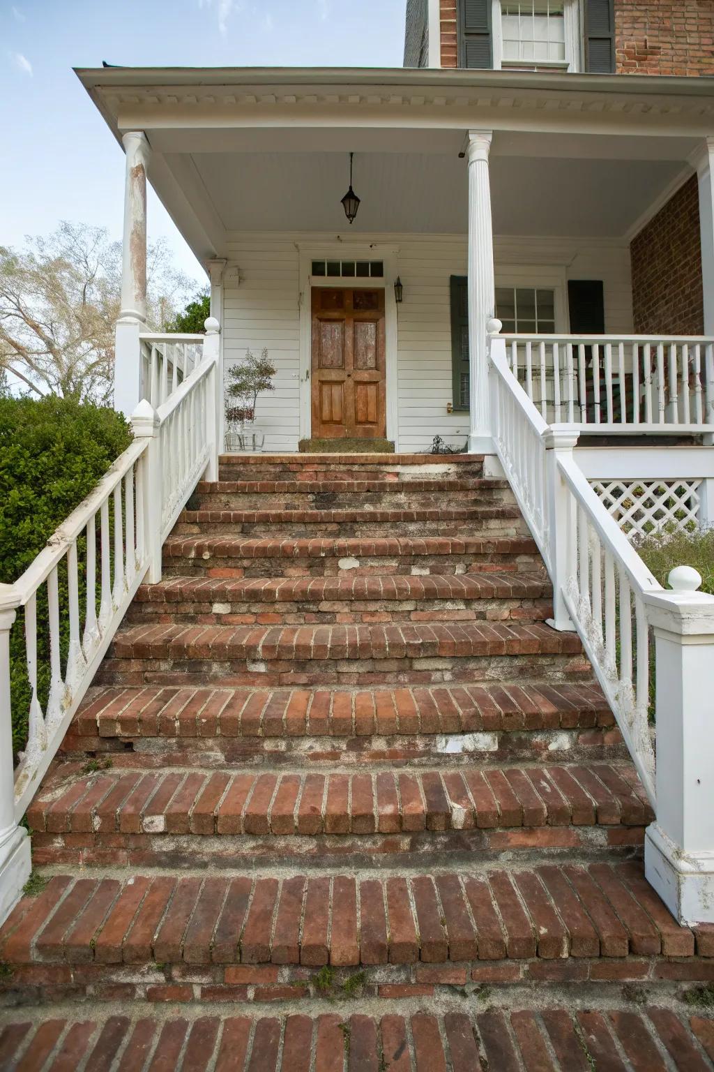 Timeless brick steps lead to a welcoming front porch.